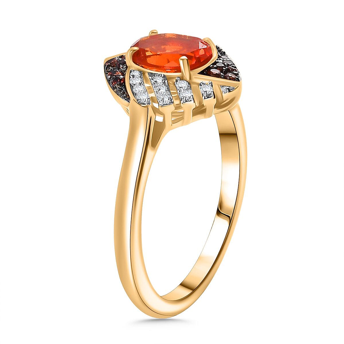 AAA Buriti Fire Opal, Brown and White Zircon 0.85 ctw Phoenix Ember Ring in 18K Vermeil Yellow Gold Over Sterling Silver (Size 10.0)