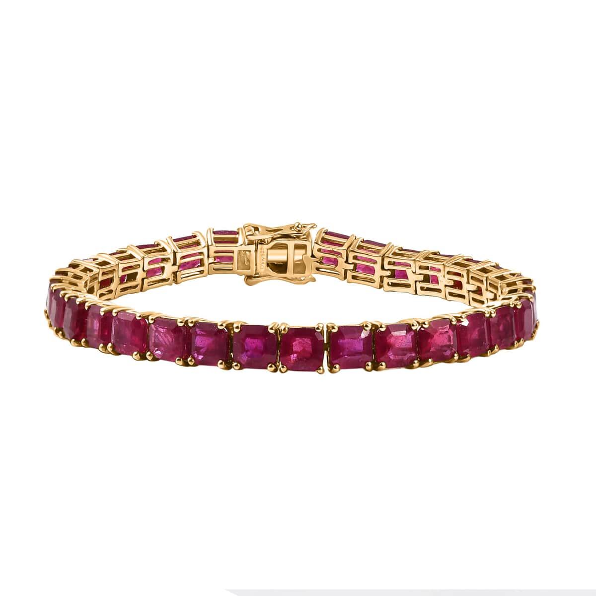 Asscher Cut Niassa Ruby (FF) 28.65 ctw Crown Tennis Bracelet in 18K Vermeil Yellow Gold Over Sterling Silver (6.50 In) image number 0