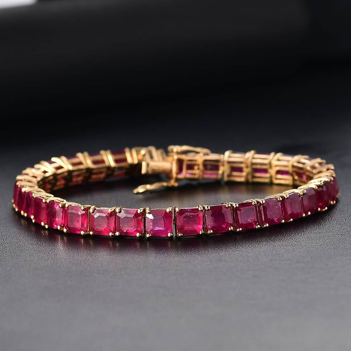 Asscher Cut Niassa Ruby (FF) 28.65 ctw Crown Tennis Bracelet in 18K Vermeil Yellow Gold Over Sterling Silver (6.50 In) image number 1