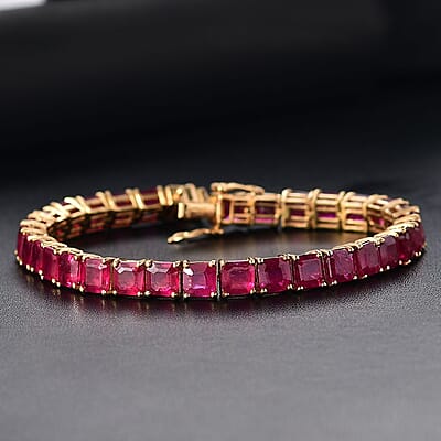 D'Joy Asscher Cut Niassa Ruby (FF) 28.65 ctw Crown Tennis Bracelet in 18K Vermeil Yellow Gold Over Sterling Silver (6.50 In)