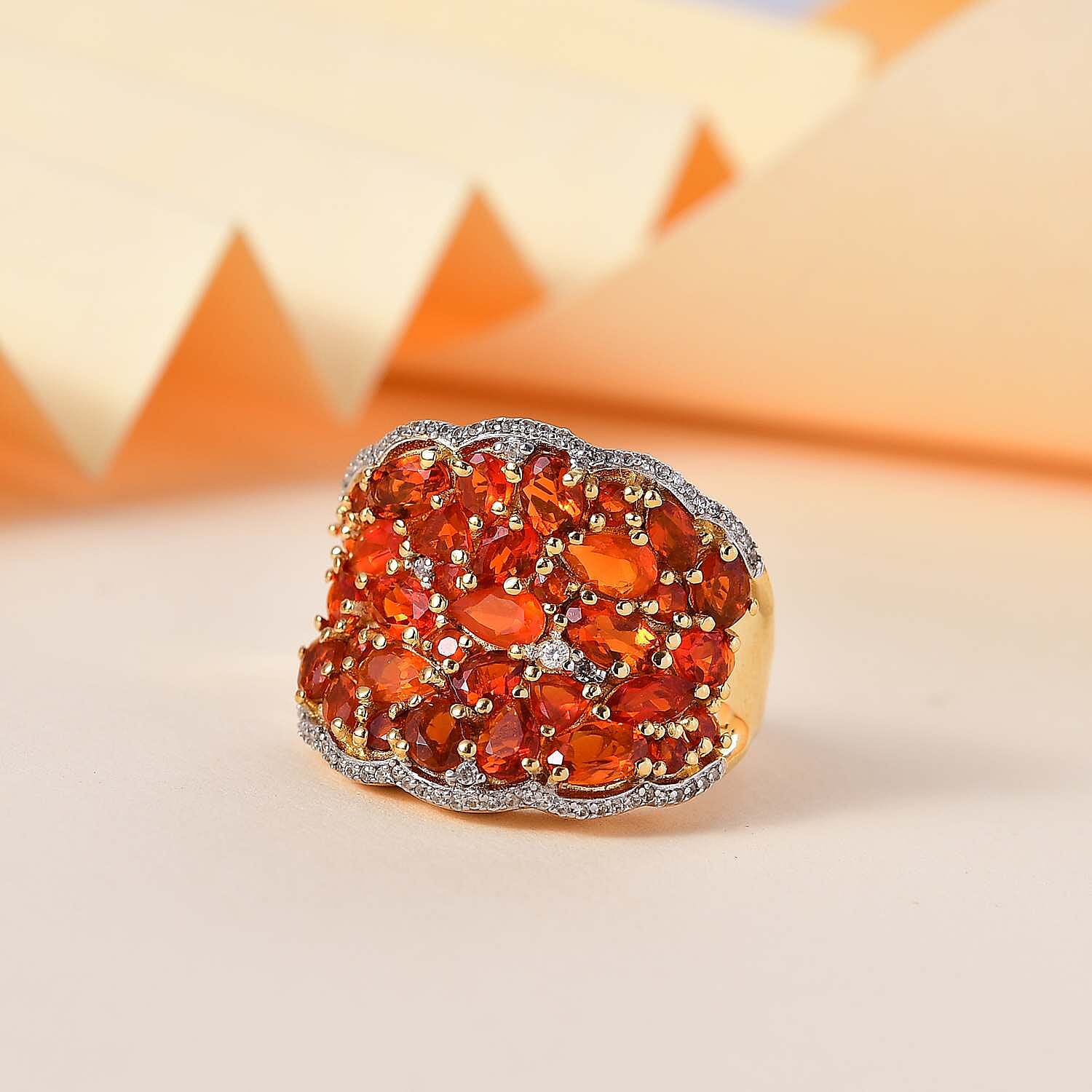 D'Joy AAA Buriti Fire Opal and White Zircon 3.30 ctw Radiant Ember Cluster Ring in 18K Vermeil Yellow Gold Over Sterling Silver (Size 10.0)