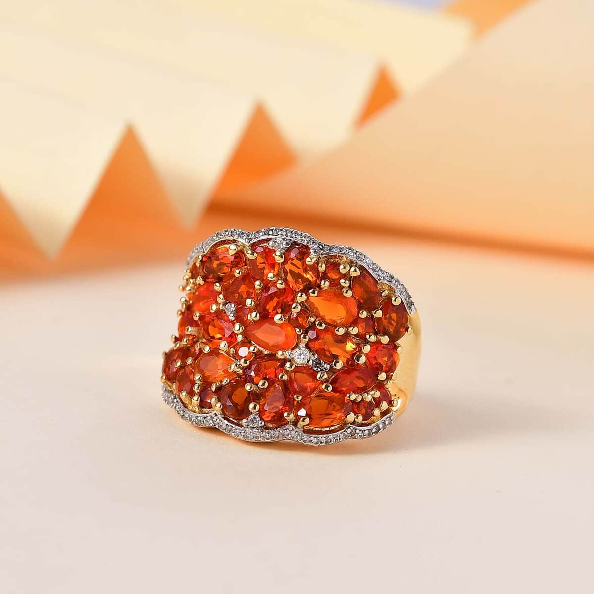 AAA Buriti Fire Opal and White Zircon 3.30 ctw Radiant Ember Cluster Ring in 18K Vermeil Yellow Gold Over Sterling Silver (Size 10.0) image number 1