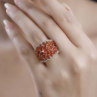 D'Joy AAA Buriti Fire Opal and White Zircon 3.30 ctw Radiant Ember Cluster Ring in 18K Vermeil Yellow Gold Over Sterling Silver (Size 10.0)
