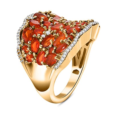 D'Joy AAA Buriti Fire Opal and White Zircon 3.30 ctw Radiant Ember Cluster Ring in 18K Vermeil Yellow Gold Over Sterling Silver (Size 10.0)