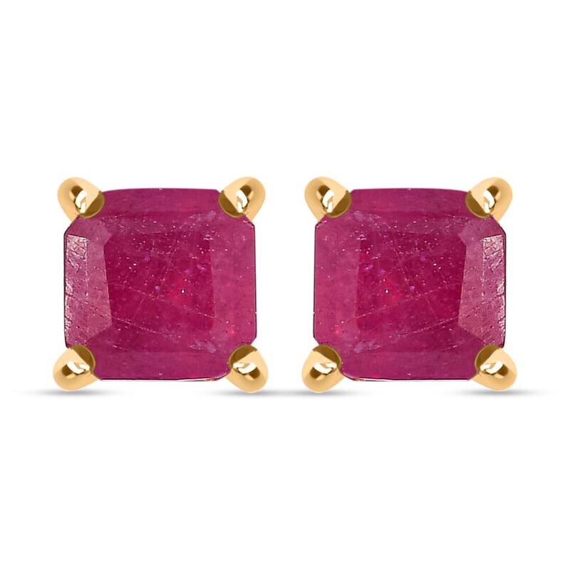 Asscher Cut Niassa Ruby (FF) 1.85 ctw Solitaire Stud Earrings in 18K Vermeil Yellow Gold Over Sterling Silver