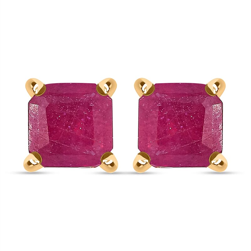 Asscher Cut Niassa Ruby (FF) 1.85 ctw Solitaire Stud Earrings in 18K Vermeil Yellow Gold Over Sterling Silver