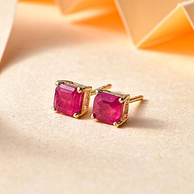 Asscher Cut Niassa Ruby (FF) 1.85 ctw Solitaire Stud Earrings in 18K Vermeil Yellow Gold Over Sterling Silver
