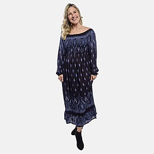 Black Paisley Long Sleeve Smocked Maxi Dress - One Size Fits Most