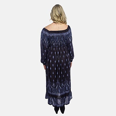 Black Paisley Long Sleeve Smocked Maxi Dress - One Size Fits Most