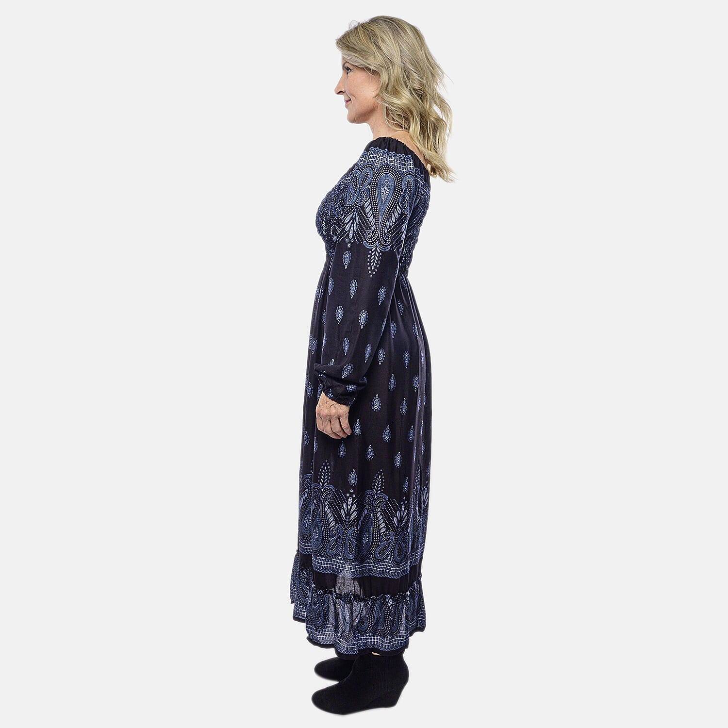 Black Paisley Long Sleeve Smocked Maxi Dress - One Size Fits Most