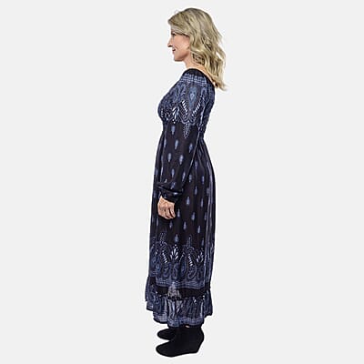 Black Paisley Long Sleeve Smocked Maxi Dress - One Size Fits Most