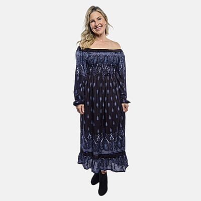 Black Paisley Long Sleeve Smocked Maxi Dress - One Size Fits Most