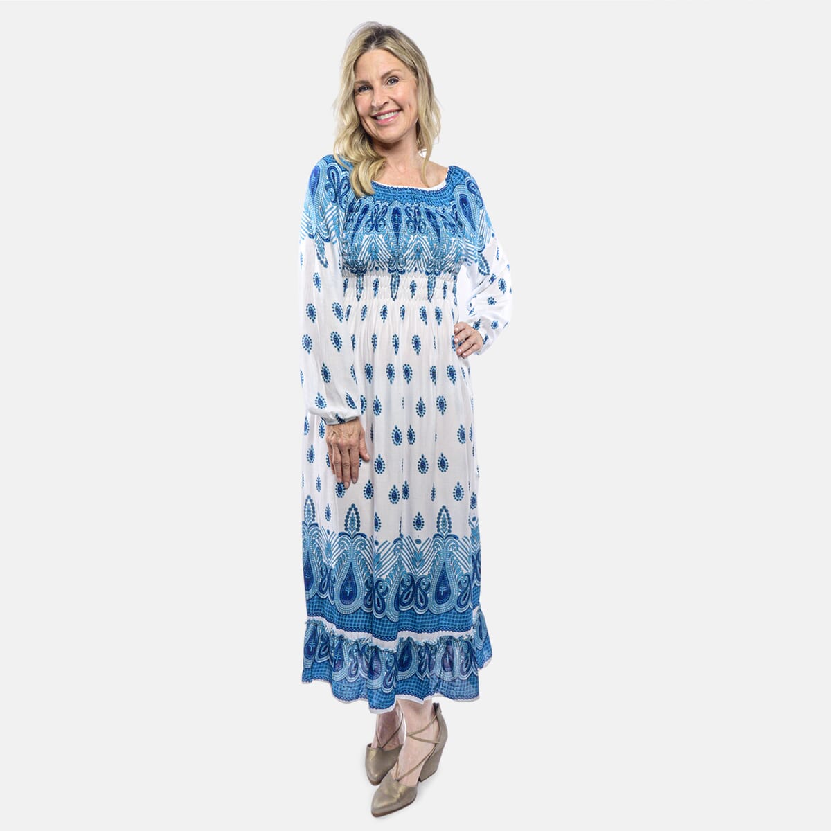 Blue Paisley Long Sleeve Smocked Maxi Dress - One Size Fits Most image number 0