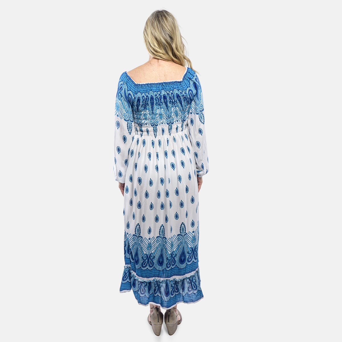 Blue Paisley Long Sleeve Smocked Maxi Dress - One Size Fits Most image number 1