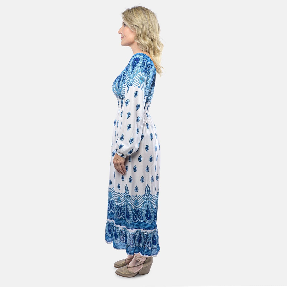Blue Paisley Long Sleeve Smocked Maxi Dress - One Size Fits Most image number 2
