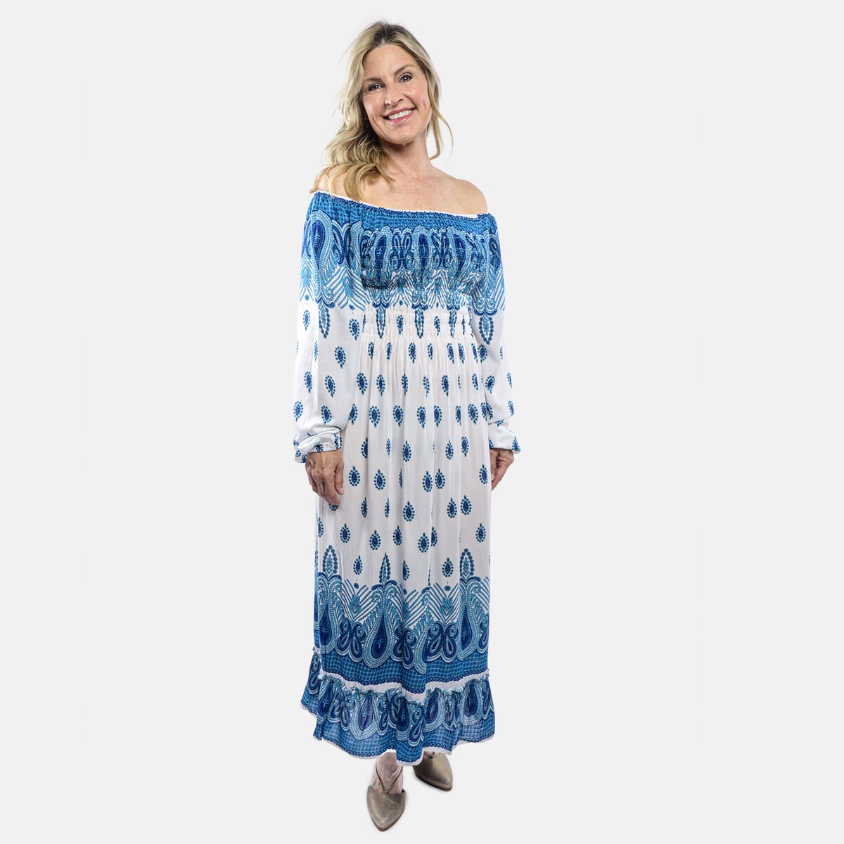 Blue Paisley Long Sleeve Smocked Maxi Dress - One Size Fits Most image number 3