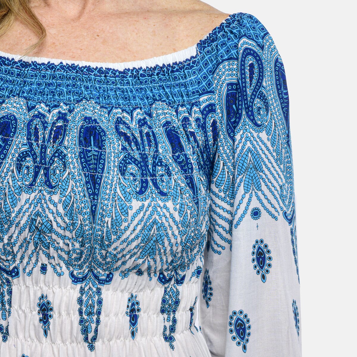 Blue Paisley Long Sleeve Smocked Maxi Dress - One Size Fits Most image number 4