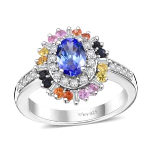 Tanzanite, Multi Sapphire and Moissanite 1.75 ctw Radiant Harmony Ring in Rhodium Over Sterling Silver (Size 10.0)