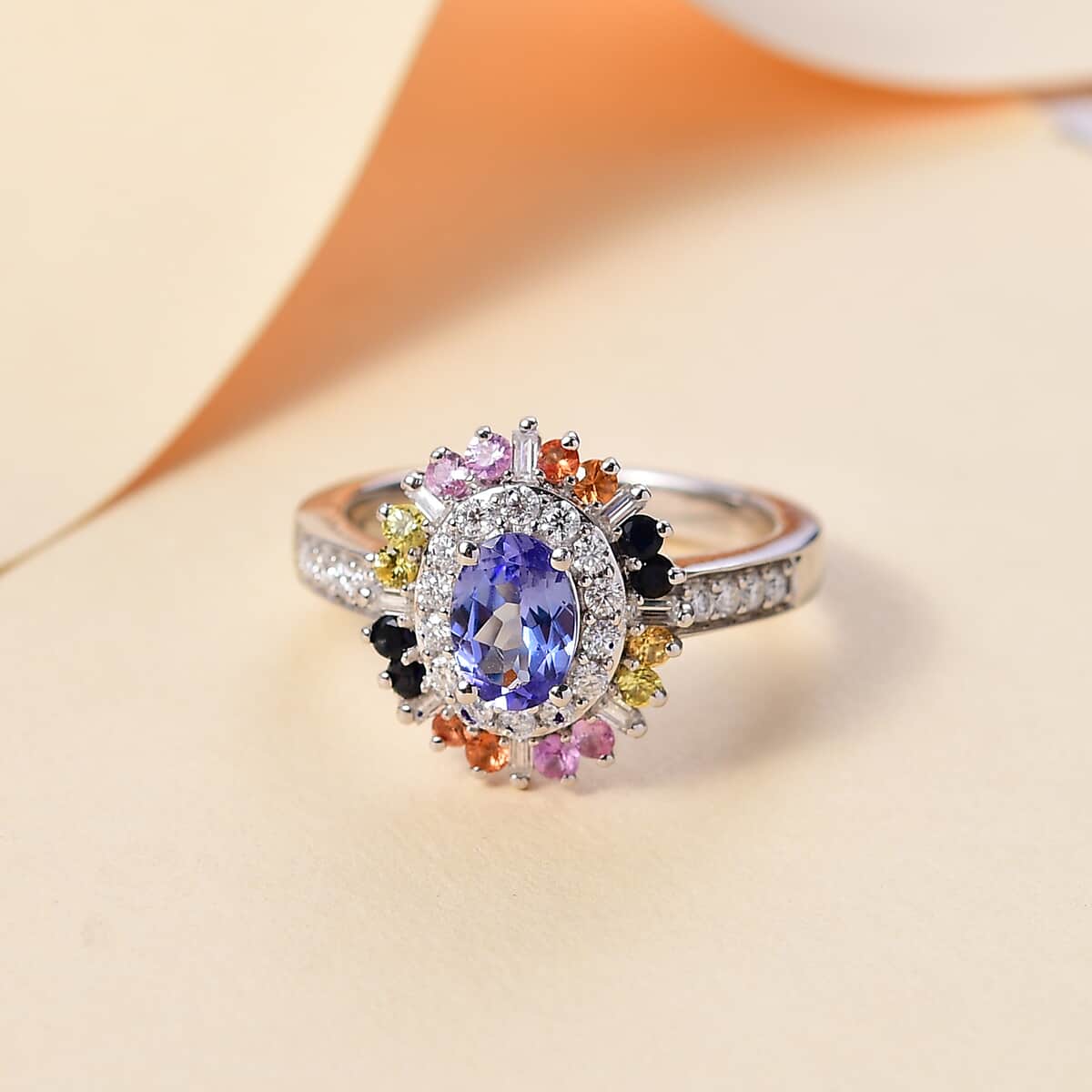 Tanzanite, Multi Sapphire and Moissanite 1.75 ctw Radiant Harmony Ring in Rhodium Over Sterling Silver (Size 10.0) image number 1