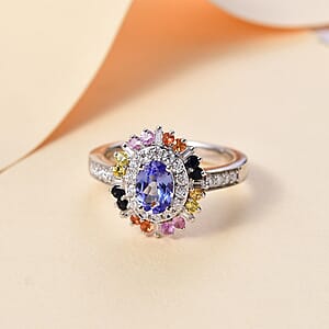 Tanzanite, Multi Sapphire and Moissanite 1.75 ctw Radiant Harmony Ring in Rhodium Over Sterling Silver (Size 10.0)