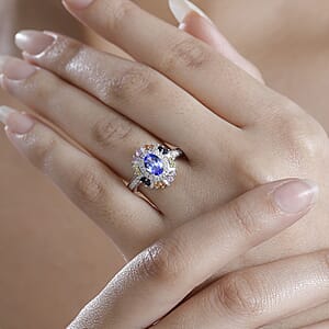 Tanzanite, Multi Sapphire and Moissanite 1.75 ctw Radiant Harmony Ring in Rhodium Over Sterling Silver (Size 10.0)