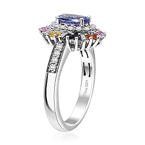 Tanzanite, Multi Sapphire and Moissanite 1.75 ctw Radiant Harmony Ring in Rhodium Over Sterling Silver (Size 10.0)