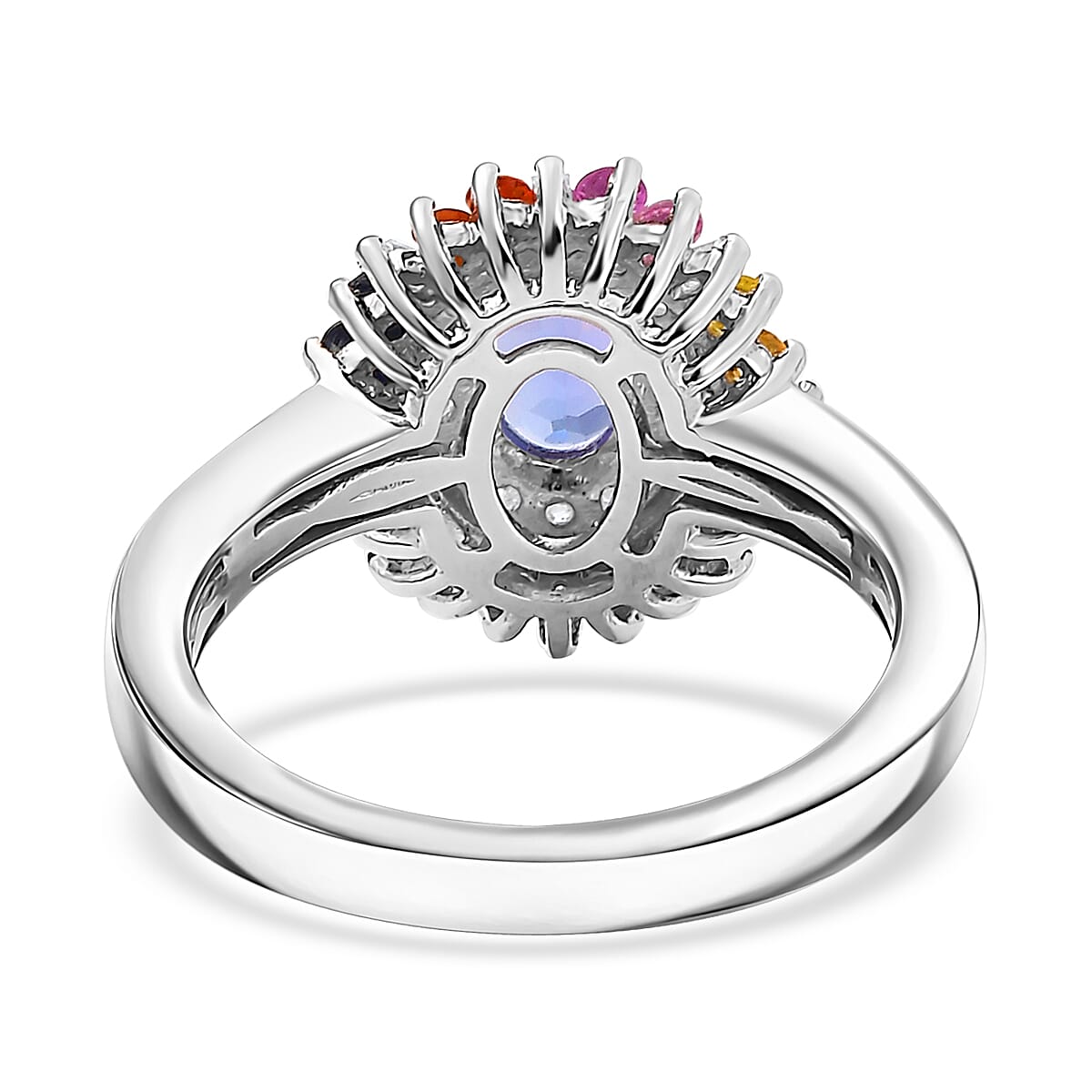 Tanzanite, Multi Sapphire and Moissanite 1.75 ctw Radiant Harmony Ring in Rhodium Over Sterling Silver (Size 10.0)