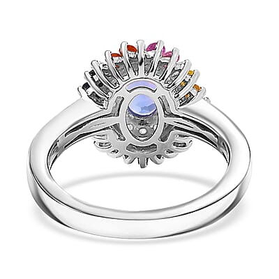 Tanzanite, Multi Sapphire and Moissanite 1.75 ctw Radiant Harmony Ring in Rhodium Over Sterling Silver (Size 10.0)