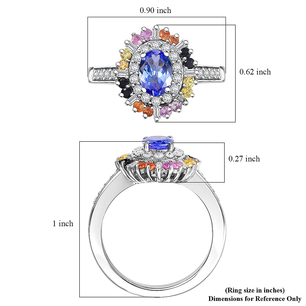 Tanzanite, Multi Sapphire and Moissanite 1.75 ctw Radiant Harmony Ring in Rhodium Over Sterling Silver (Size 10.0)