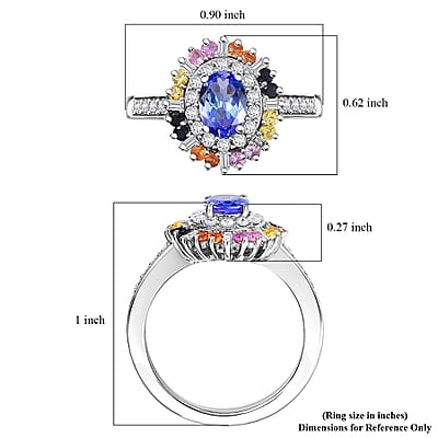 Tanzanite, Multi Sapphire and Moissanite 1.75 ctw Radiant Harmony Ring in Rhodium Over Sterling Silver (Size 10.0)