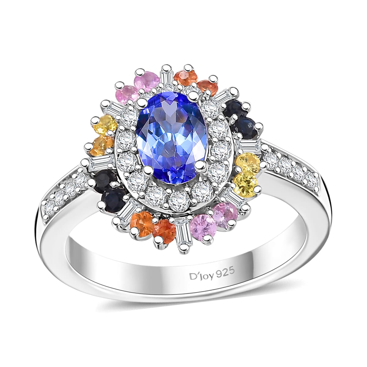 Tanzanite, Multi Sapphire and Moissanite 1.75 ctw Radiant Harmony Ring in Rhodium Over Sterling Silver (Size 5.0) image number 0