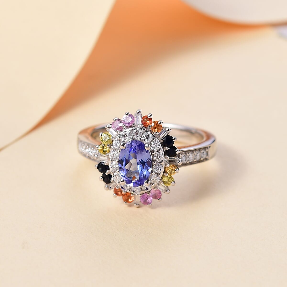 Tanzanite, Multi Sapphire and Moissanite 1.75 ctw Radiant Harmony Ring in Rhodium Over Sterling Silver (Size 5.0) image number 1