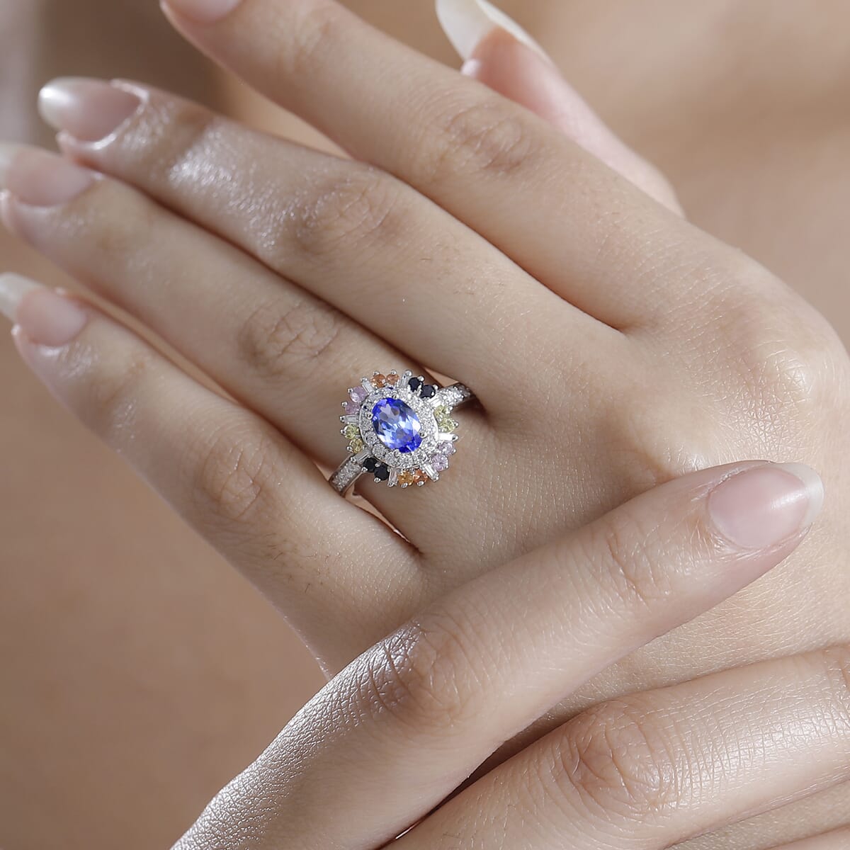 Tanzanite, Multi Sapphire and Moissanite 1.75 ctw Radiant Harmony Ring in Rhodium Over Sterling Silver (Size 5.0) image number 2