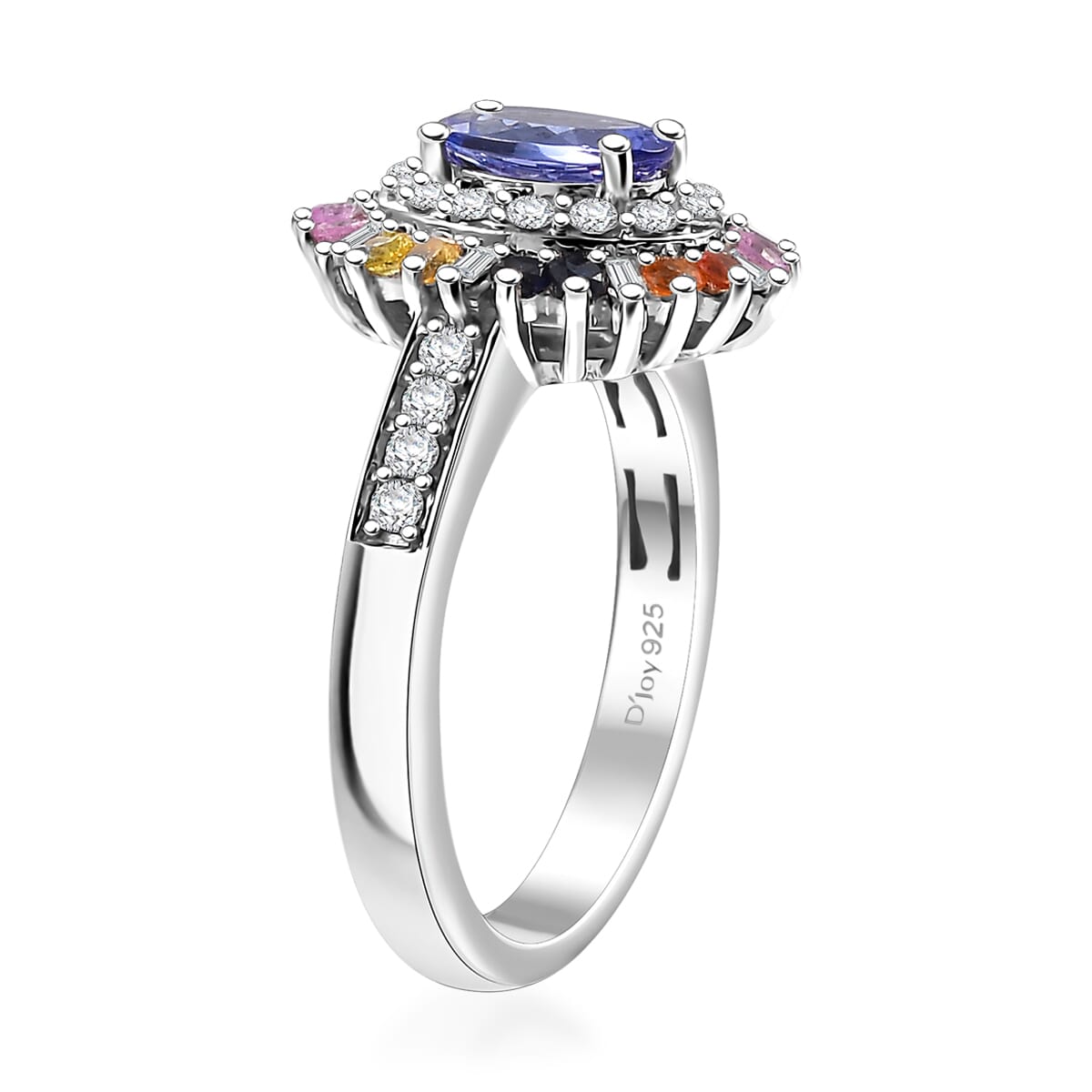 Tanzanite, Multi Sapphire and Moissanite 1.75 ctw Radiant Harmony Ring in Rhodium Over Sterling Silver (Size 5.0) image number 3
