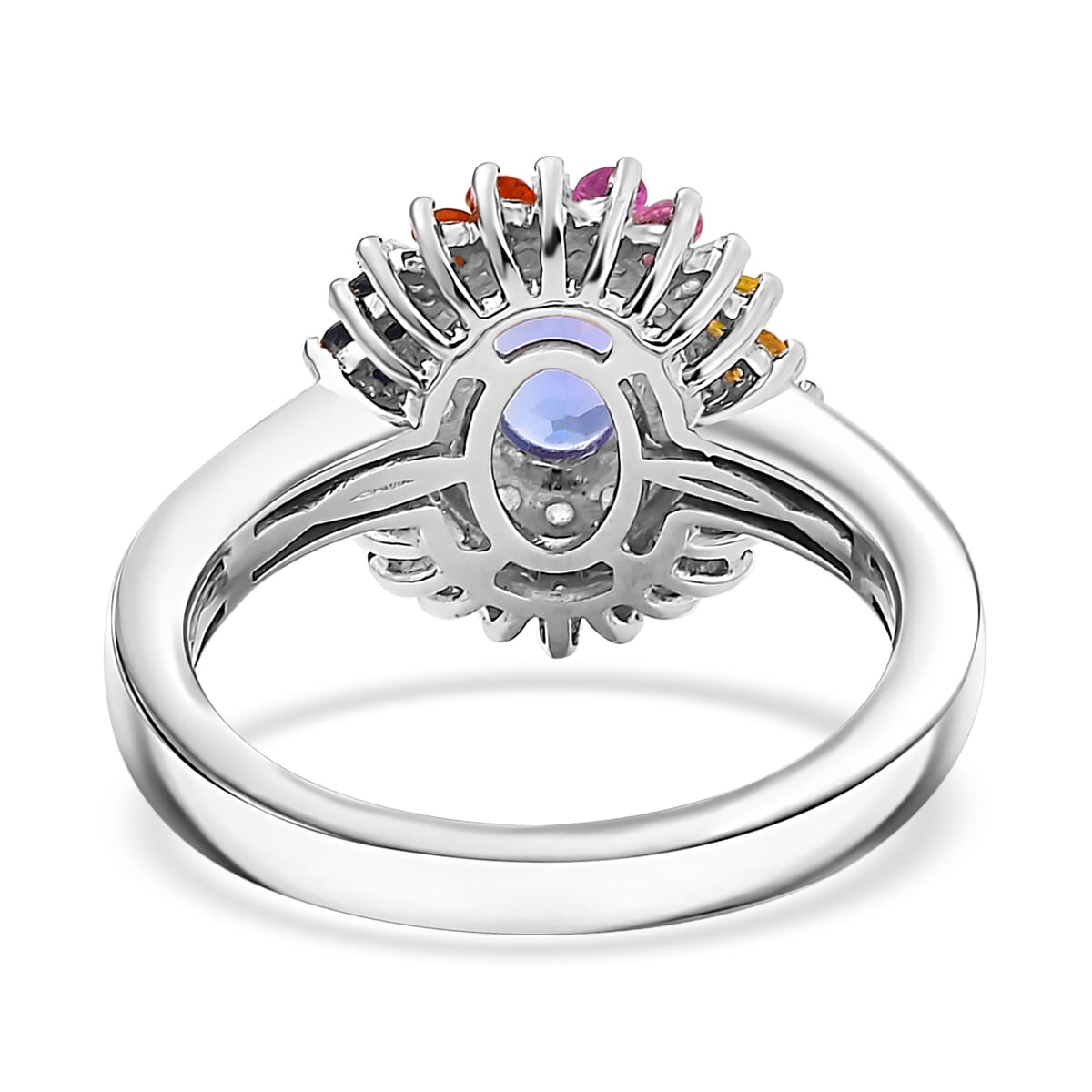 Tanzanite, Multi Sapphire and Moissanite 1.75 ctw Radiant Harmony Ring in Rhodium Over Sterling Silver (Size 5.0) image number 4