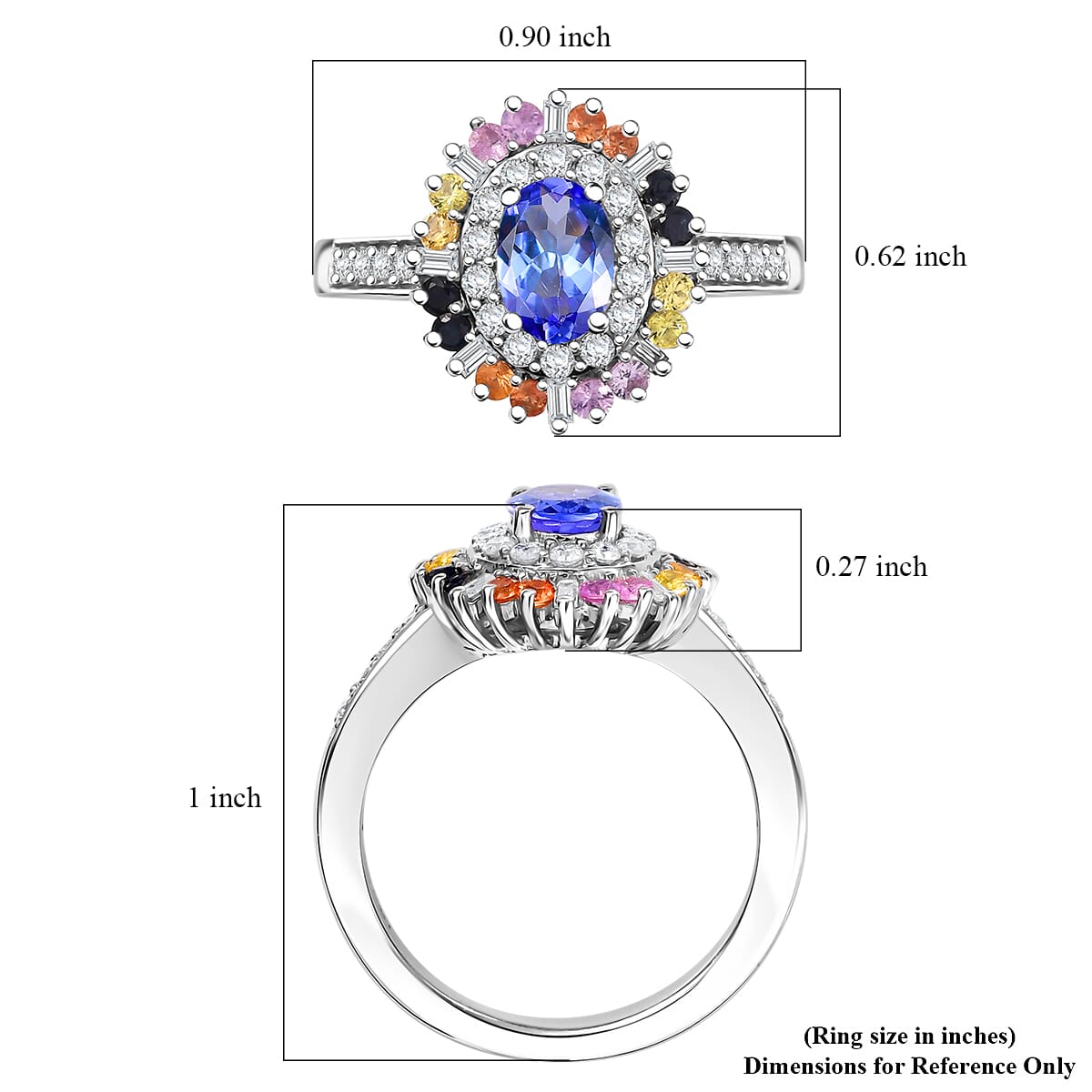 Tanzanite, Multi Sapphire and Moissanite 1.75 ctw Radiant Harmony Ring in Rhodium Over Sterling Silver (Size 5.0) image number 5