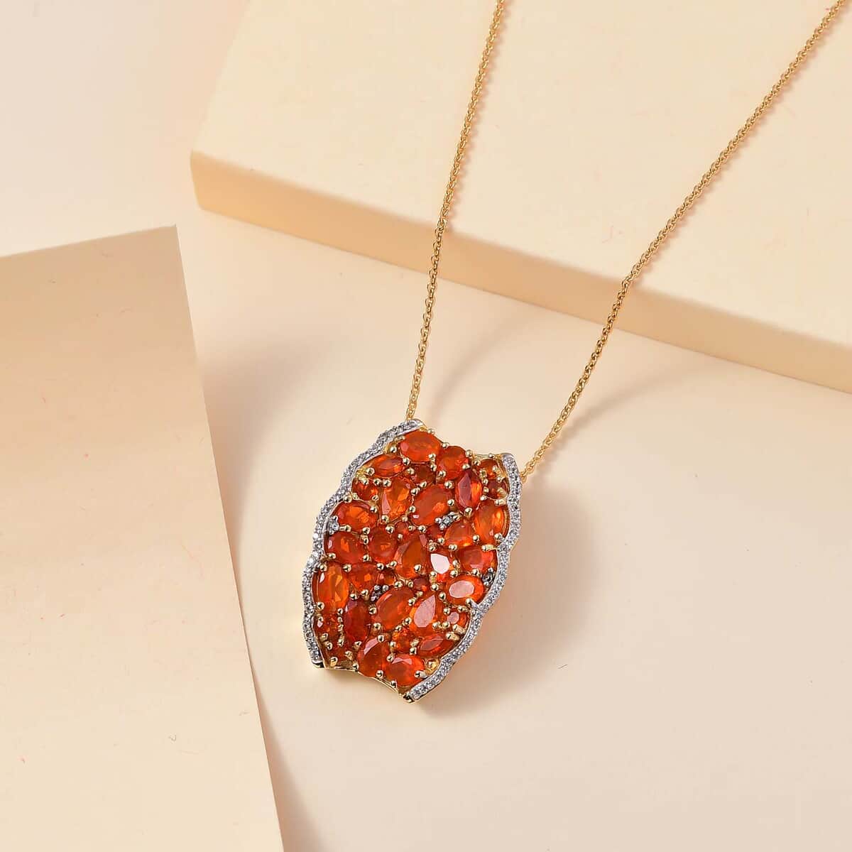 AAA Buriti Fire Opal and White Zircon 3.30 ctw Radiant Ember Cluster Pendant in 18K Vermeil Yellow Gold Over Sterling Silver image number 1