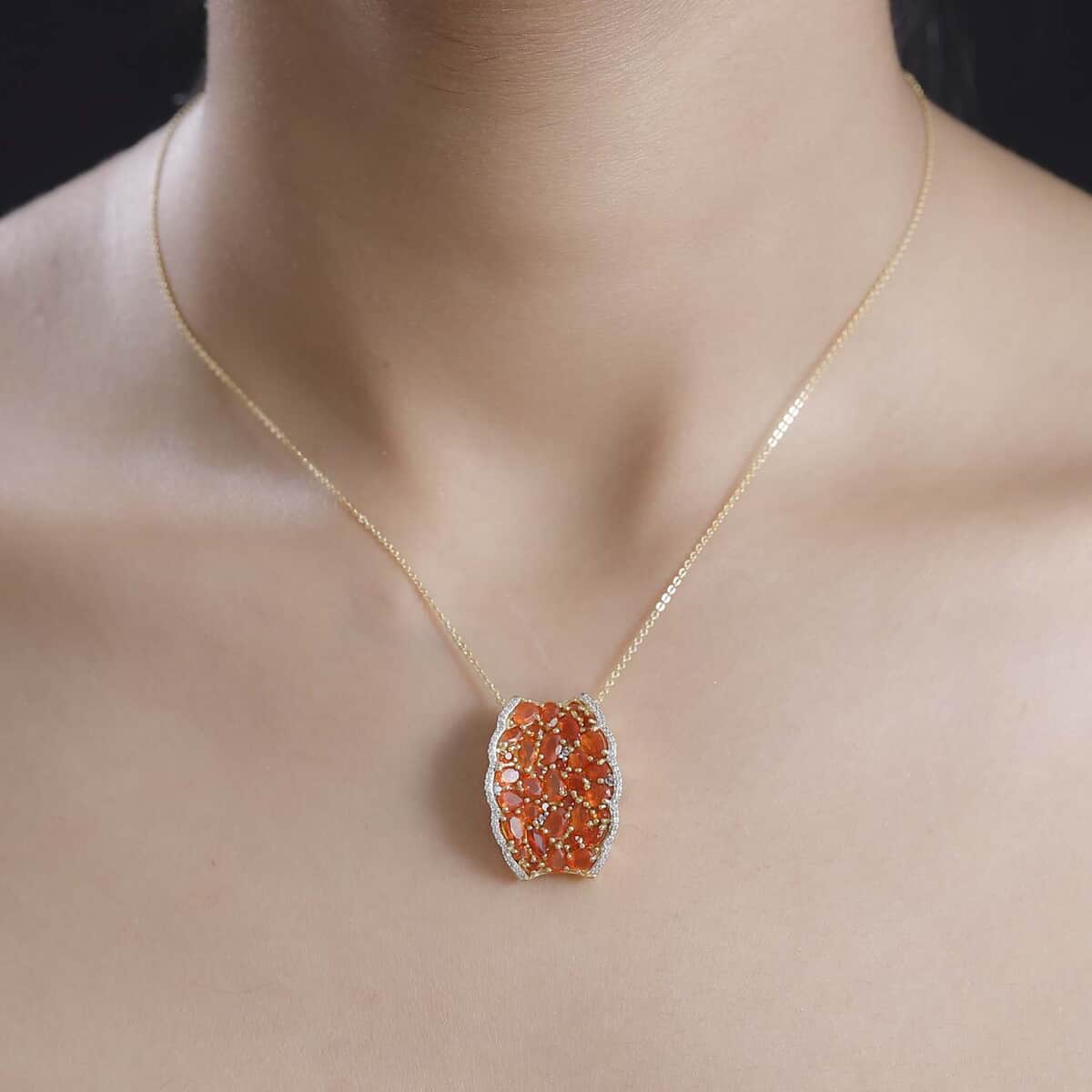 AAA Buriti Fire Opal and White Zircon 3.30 ctw Radiant Ember Cluster Pendant in 18K Vermeil Yellow Gold Over Sterling Silver image number 2