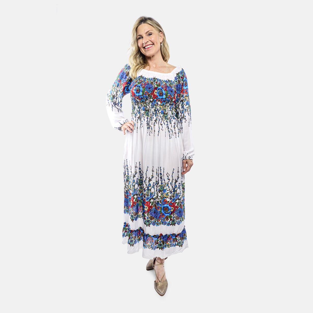 Blue Floral Long Sleeve Smocked Maxi Dress - One Size Fits Most image number 0