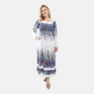 Blue Floral Long Sleeve Smocked Maxi Dress - One Size Fits Most