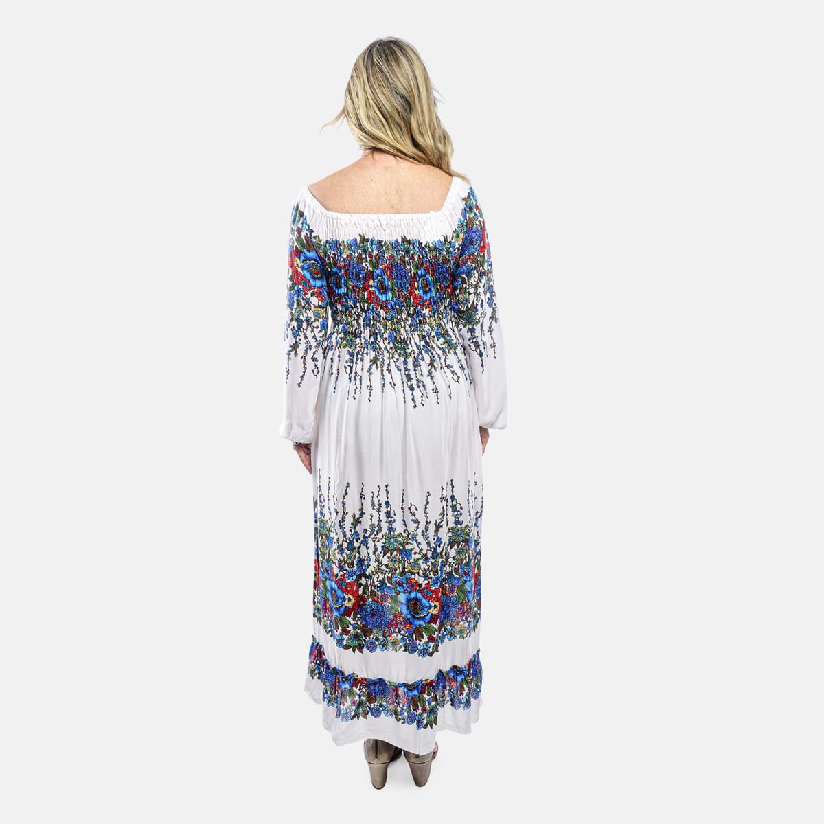 Blue Floral Long Sleeve Smocked Maxi Dress - One Size Fits Most image number 1