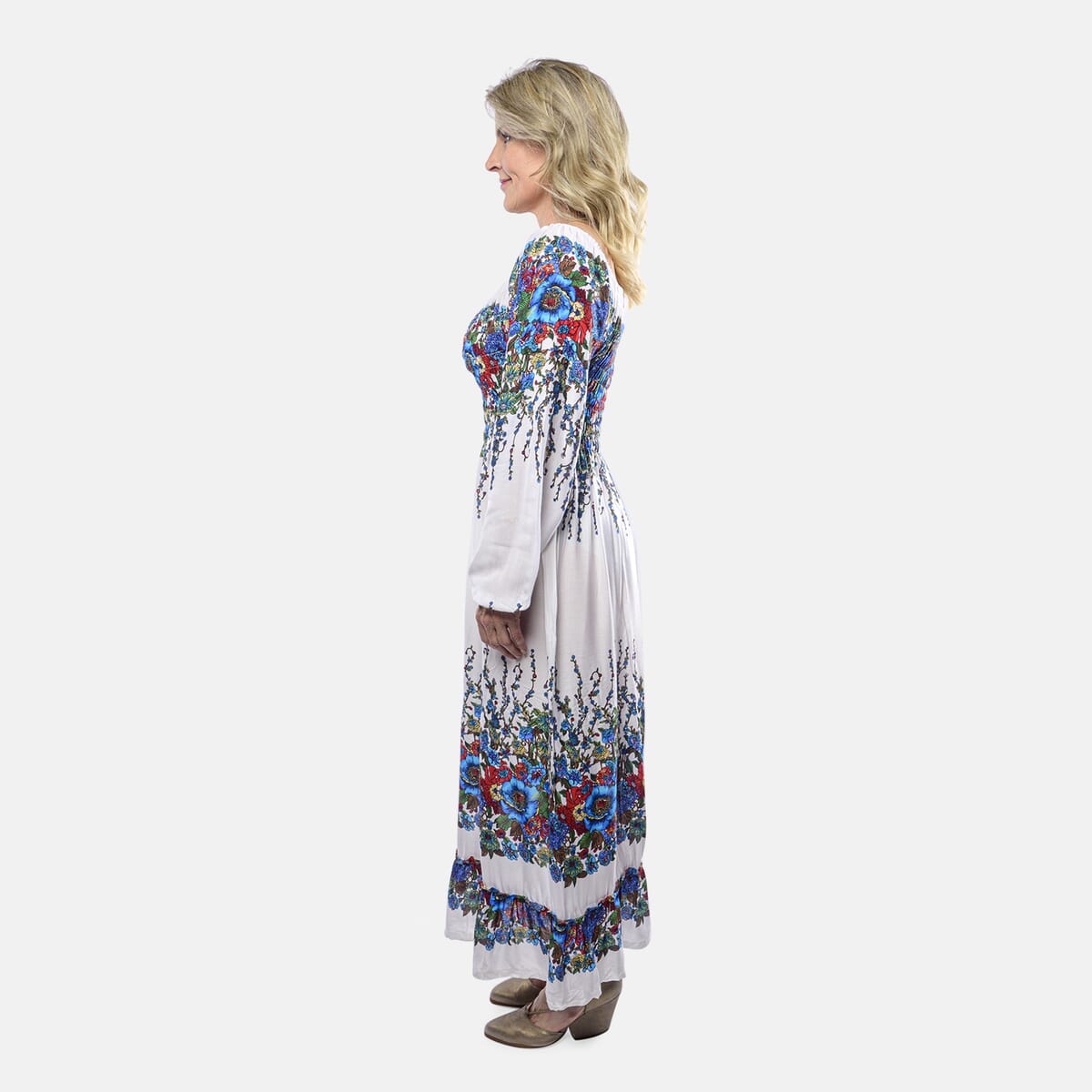 Blue Floral Long Sleeve Smocked Maxi Dress - One Size Fits Most image number 2
