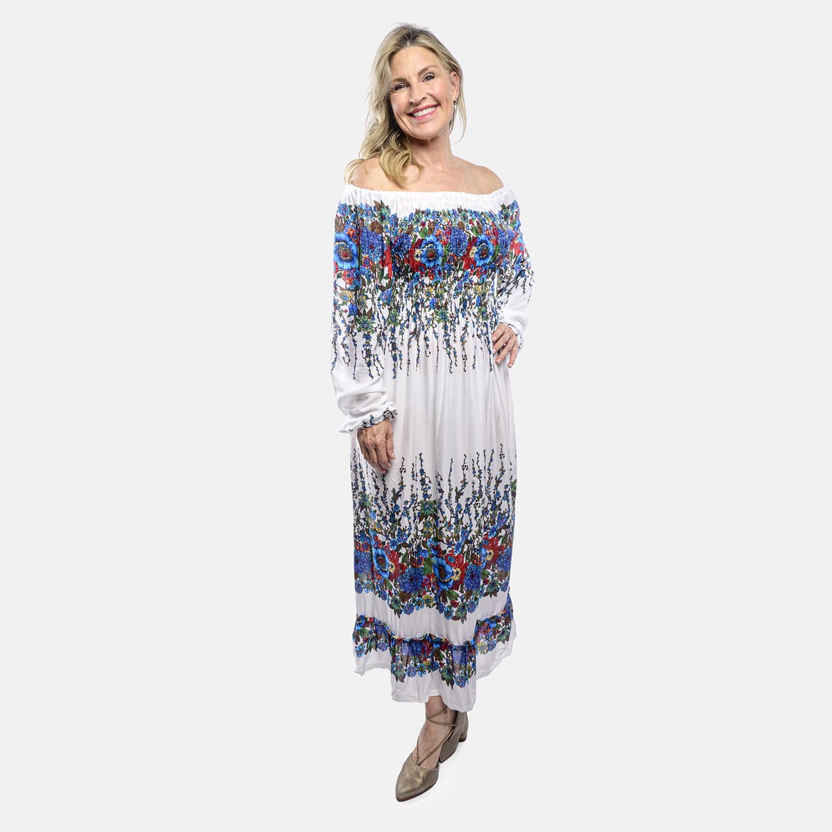 Blue Floral Long Sleeve Smocked Maxi Dress - One Size Fits Most image number 3