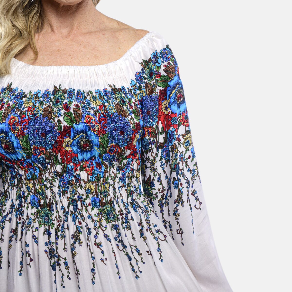 Blue Floral Long Sleeve Smocked Maxi Dress - One Size Fits Most image number 4