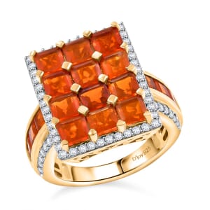 AAA Buriti Fire Opal and Moissanite 4.10 ctw Art Deco Ring in 18K Vermeil Yellow Gold Over Sterling Silver (Size 6.0)