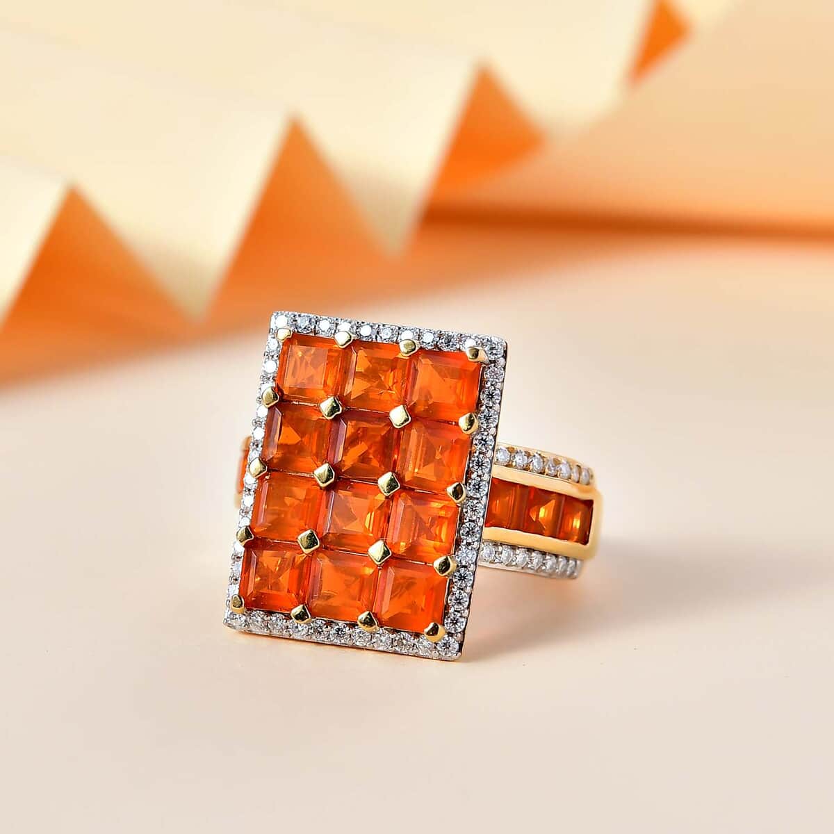 Crimson Fire Opal ,  Moissanite  Cluster Ring in 18K YG Vermeil Sterling Silver 4.42 ctw ,  Silver Wt. 6.5 g image number 1