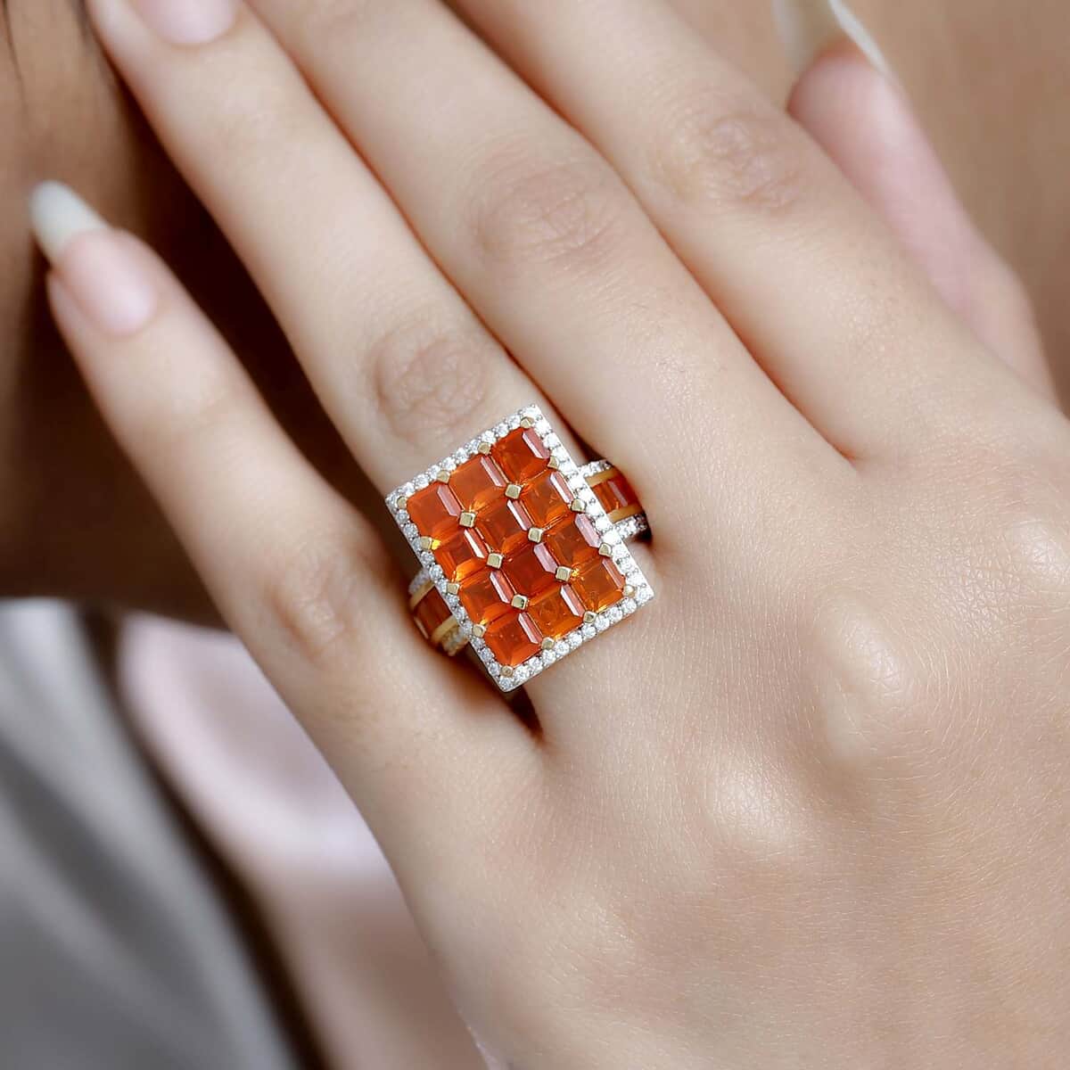 Crimson Fire Opal ,  Moissanite  Cluster Ring in 18K YG Vermeil Sterling Silver 4.42 ctw ,  Silver Wt. 6.5 g image number 2