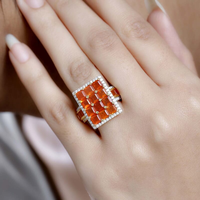D'Joy AAA Buriti Fire Opal and Moissanite 4.10 ctw Art Deco Ring in 18K Vermeil Yellow Gold Over Sterling Silver (Size 6.0)