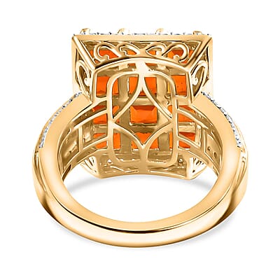 D'Joy AAA Buriti Fire Opal and Moissanite 4.10 ctw Art Deco Ring in 18K Vermeil Yellow Gold Over Sterling Silver (Size 6.0)