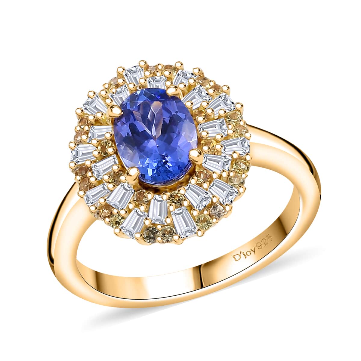 Tanzanite, Yellow Sapphire and Moissanite 1.90 ctw Radiant Harmony Ring in 18K Vermeil Yellow Gold Over Sterling Silver (Size 10.0) image number 0